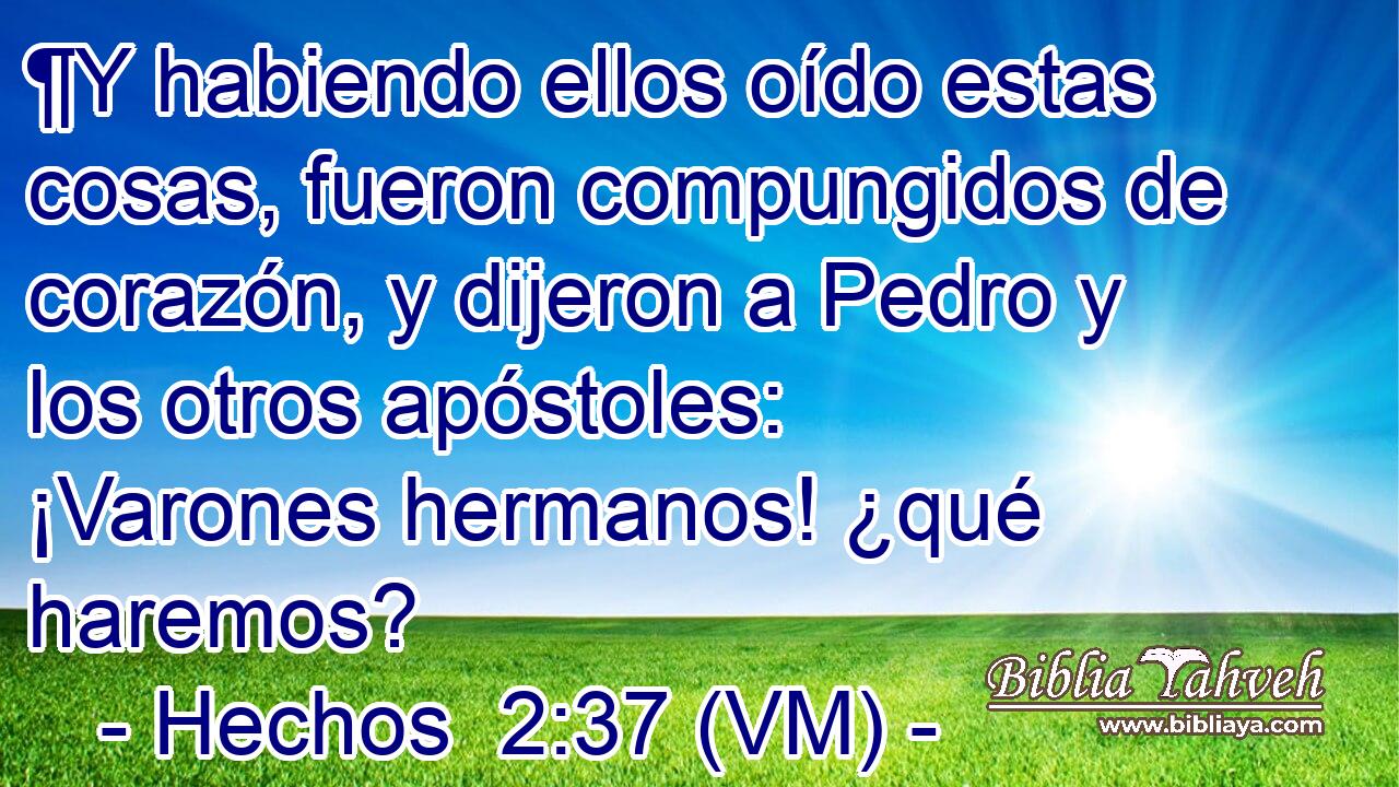  ¶Y habiendo ellos oído estas cosas, fueron compungidos de corazón, y dijeron a Pedro y los otros apóstoles: ¡Varones hermanos! ¿qué haremos? 