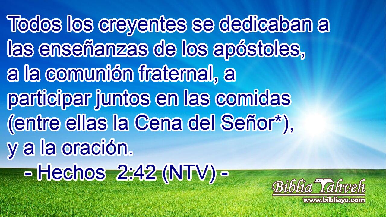 Todos los creyentes se dedicaban a las enseñanzas de los apóstoles, a la comunión fraternal, a participar juntos en las comidas (entre ellas la Cena del Señor*), y a la oración.