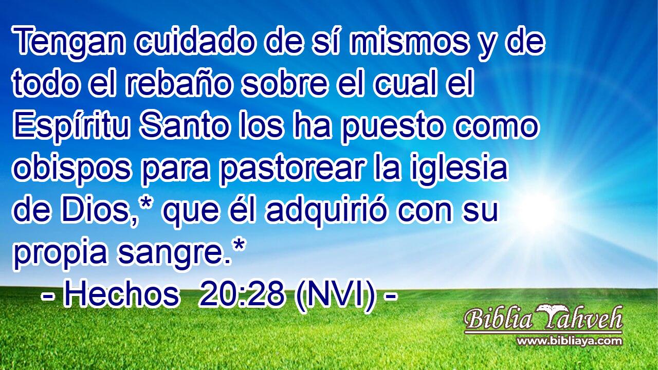  Tengan cuidado de sí mismos y de todo el rebaño sobre el cual el Espíritu Santo los ha puesto como obispos para pastorear la iglesia de Dios,* que él adquirió con su propia sangre.* 