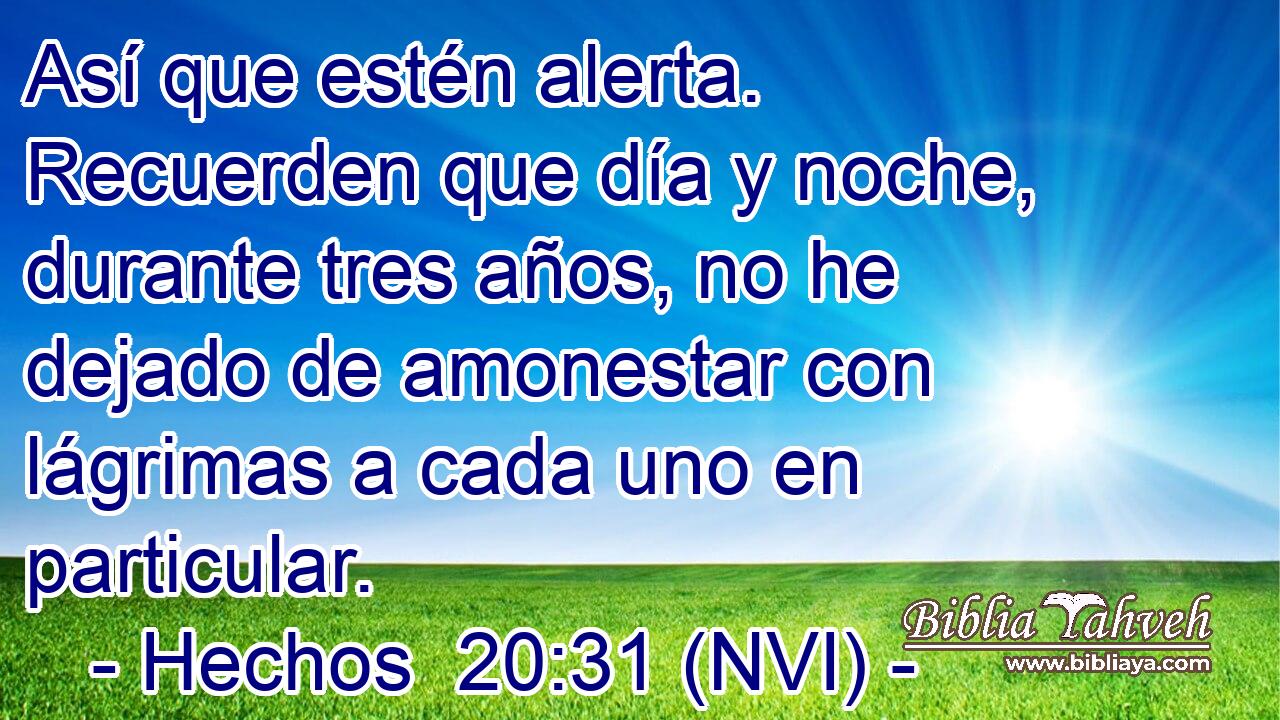  Así que estén alerta. Recuerden que día y noche, durante tres años, no he dejado de amonestar con lágrimas a cada uno en particular. 