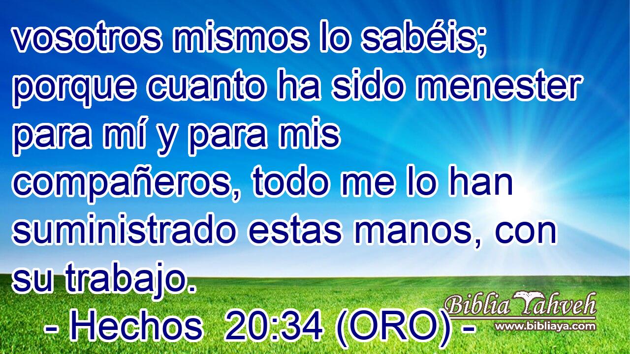  vosotros mismos lo sabéis; porque cuanto ha sido menester para mí y para mis compañeros, todo me lo han suministrado estas manos, con su trabajo. 