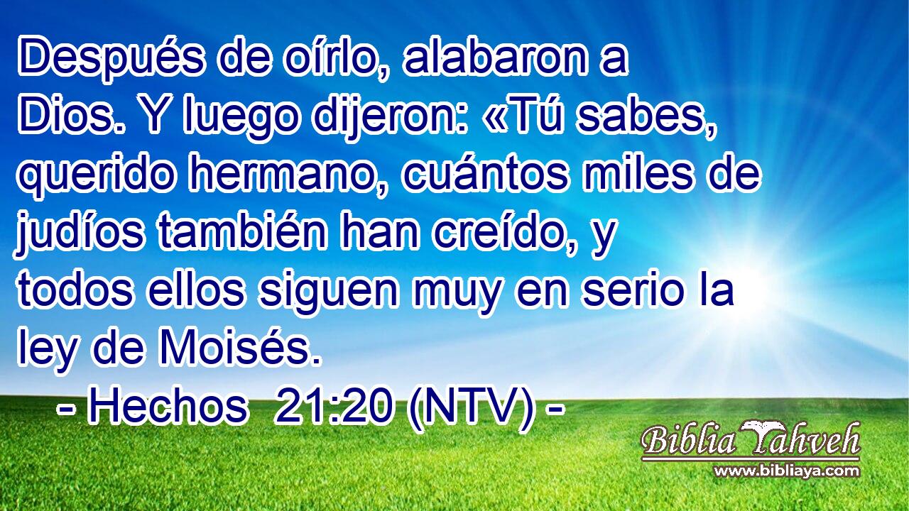 Después de oírlo, alabaron a Dios. Y luego dijeron: «Tú sabes, querido hermano, cuántos miles de judíos también han creído, y todos ellos siguen muy en serio la ley de Moisés.