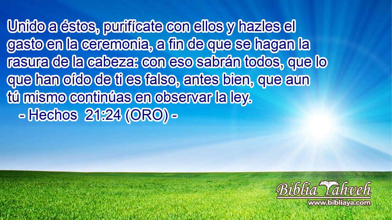  Unido a éstos, purifícate con ellos y hazles el gasto en la ceremonia, a fin de que se hagan la rasura de la cabeza: con eso sabrán todos, que lo que han oído de ti es falso, antes bien, que aun tú mismo continúas en observar la ley. 