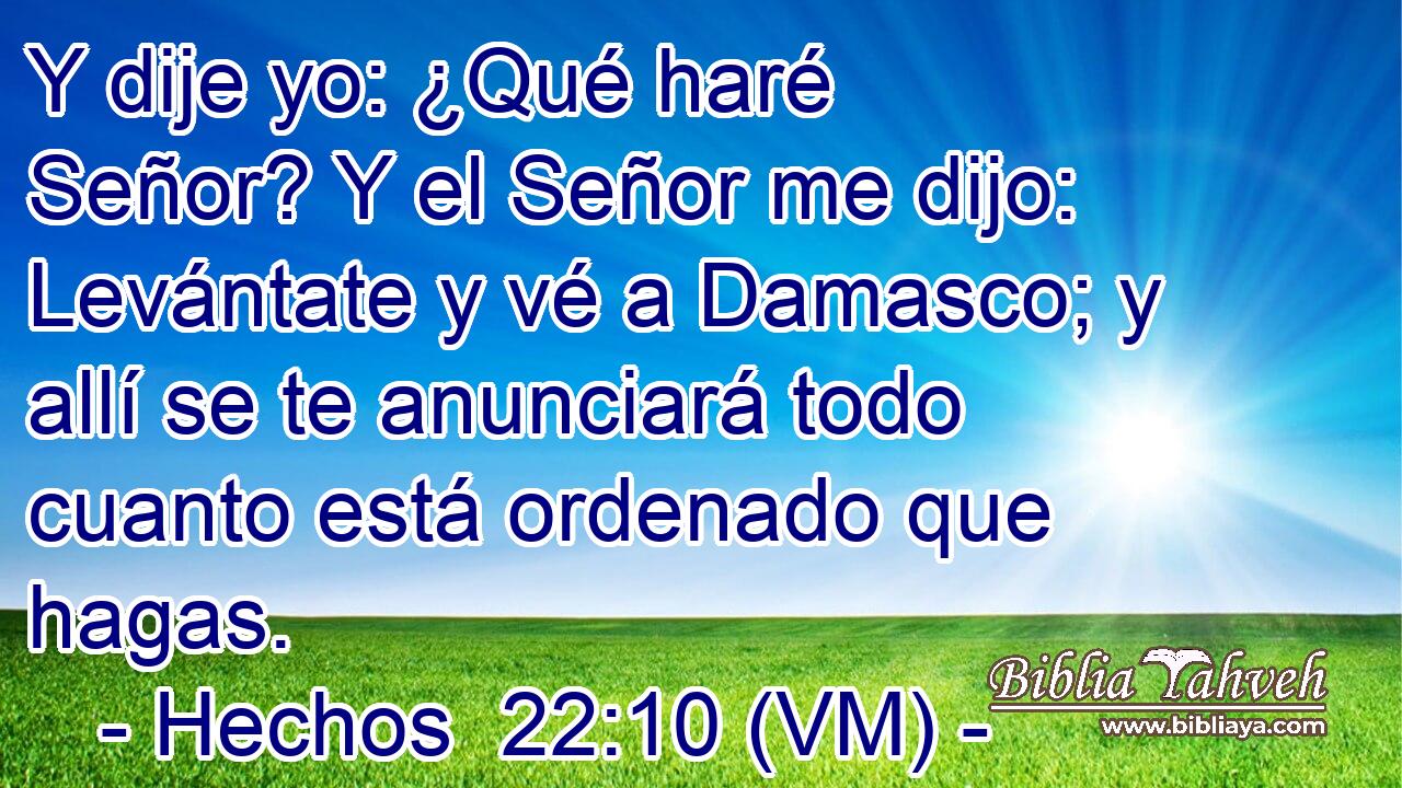  Y dije yo: ¿Qué haré Señor? Y el Señor me dijo: Levántate y vé a Damasco; y allí se te anunciará todo cuanto está ordenado que hagas. 