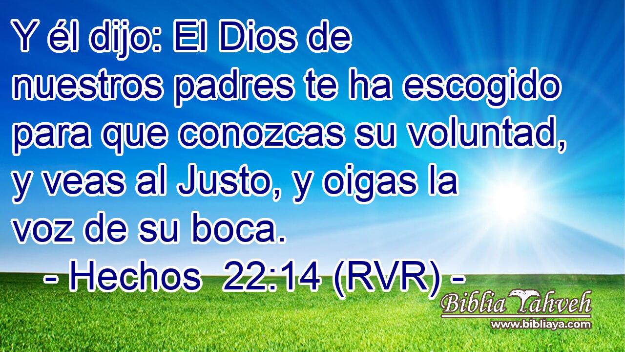 Y él dijo: El Dios de nuestros padres te ha escogido para que conozcas su voluntad, y veas al Justo, y oigas la voz de su boca.