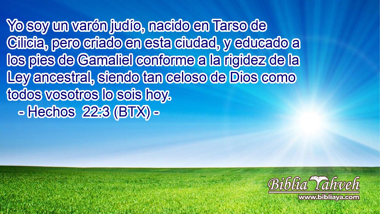 Yo soy un varón judío, nacido en Tarso de Cilicia, pero criado en esta ciudad, y educado a los pies de Gamaliel conforme a la rigidez de la Ley ancestral, siendo tan celoso de Dios como todos vosotros lo sois hoy.