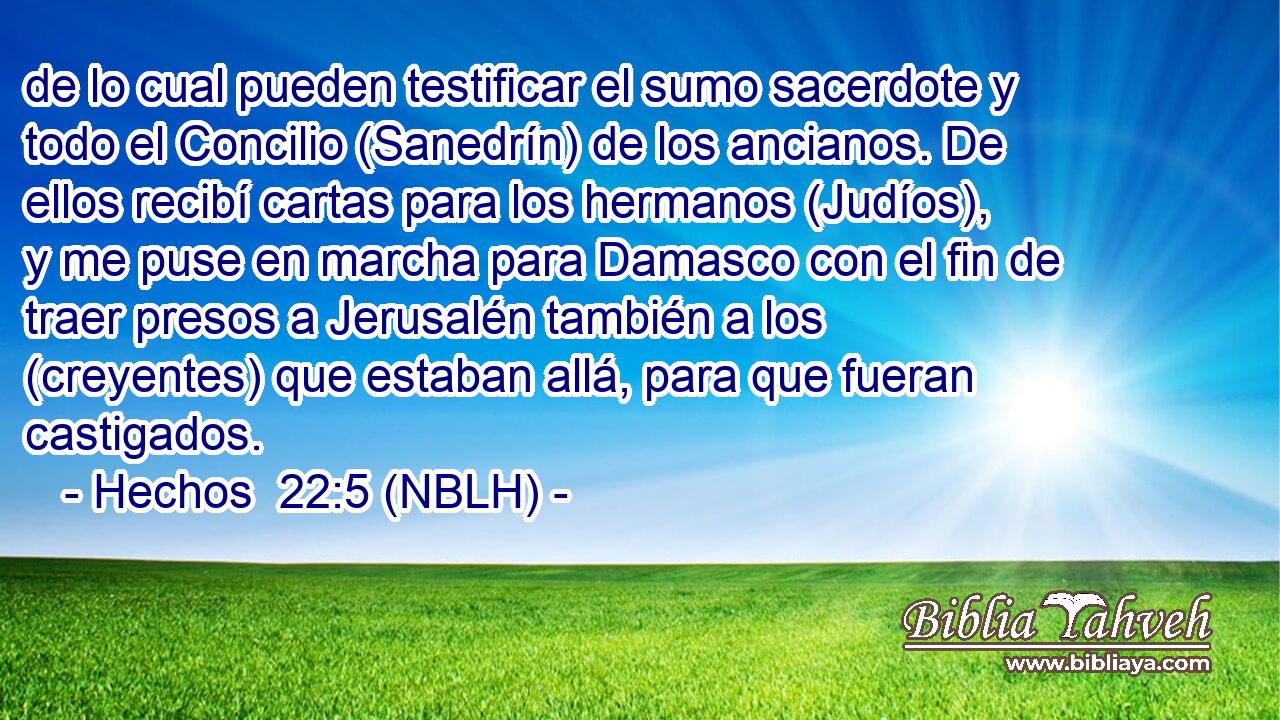  de lo cual pueden testificar el sumo sacerdote y todo el Concilio (Sanedrín) de los ancianos. De ellos recibí cartas para los hermanos (Judíos), y me puse en marcha para Damasco con el fin de traer presos a Jerusalén también a los (creyentes) que estaban allá, para que fueran castigados. 