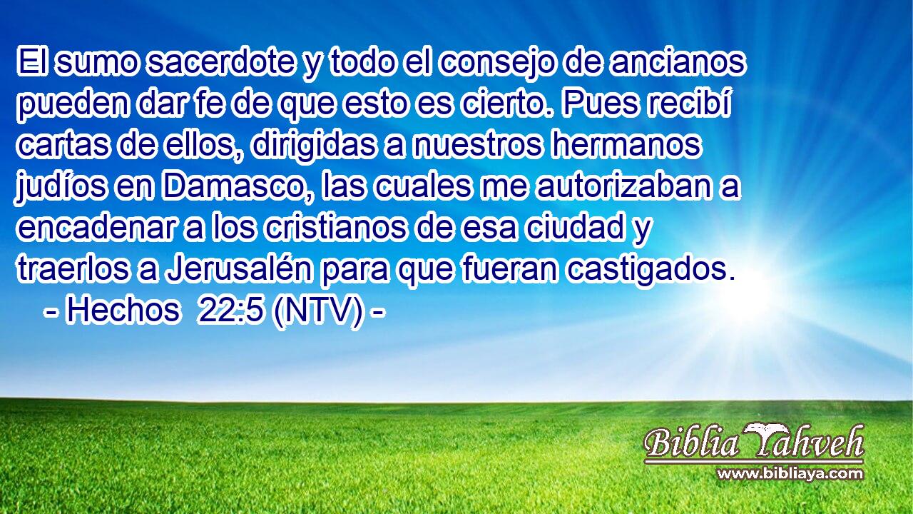 El sumo sacerdote y todo el consejo de ancianos pueden dar fe de que esto es cierto. Pues recibí cartas de ellos, dirigidas a nuestros hermanos judíos en Damasco, las cuales me autorizaban a encadenar a los cristianos de esa ciudad y traerlos a Jerusalén para que fueran castigados.