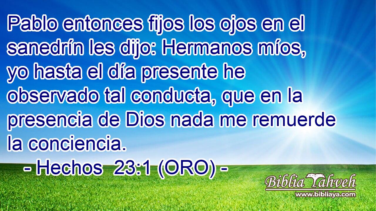 Pablo entonces fijos los ojos en el sanedrín les dijo: Hermanos míos, yo hasta el día presente he observado tal conducta, que en la presencia de Dios nada me remuerde la conciencia. 