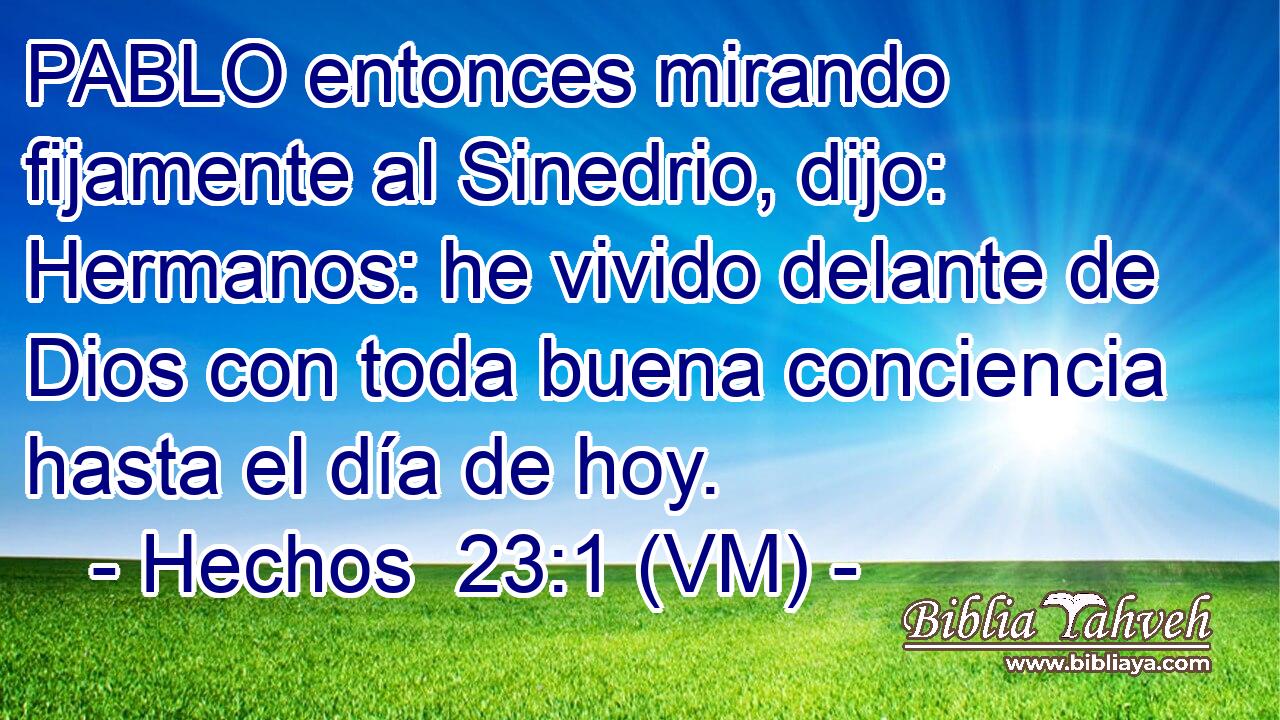  PABLO entonces mirando fijamente al Sinedrio, dijo: Hermanos: he vivido delante de Dios con toda buena conciencia hasta el día de hoy. 