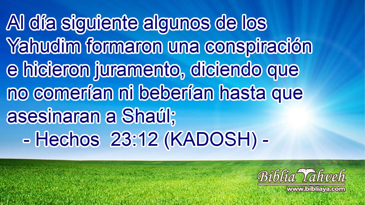  Al día siguiente algunos de los Yahudim formaron una conspiración e hicieron juramento, diciendo que no comerían ni beberían hasta que asesinaran a Shaúl; 
