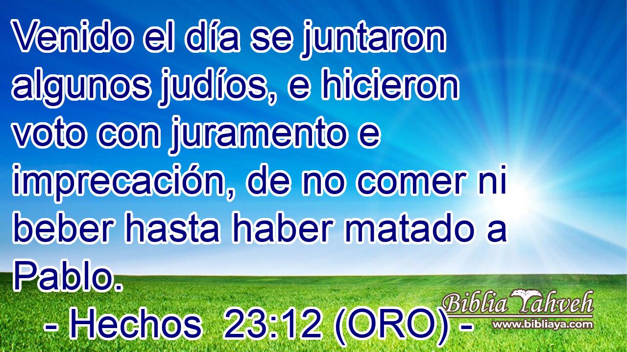  Venido el día se juntaron algunos judíos, e hicieron voto con juramento e imprecación, de no comer ni beber hasta haber matado a Pablo. 