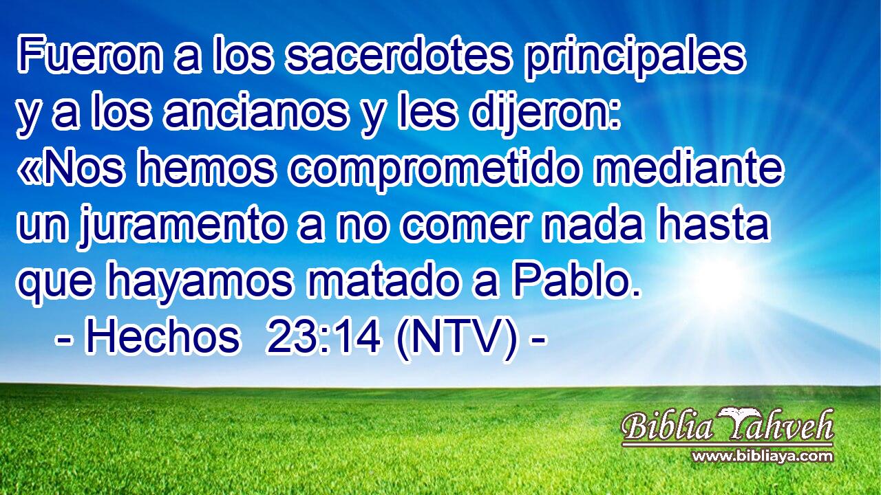 Fueron a los sacerdotes principales y a los ancianos y les dijeron: «Nos hemos comprometido mediante un juramento a no comer nada hasta que hayamos matado a Pablo.