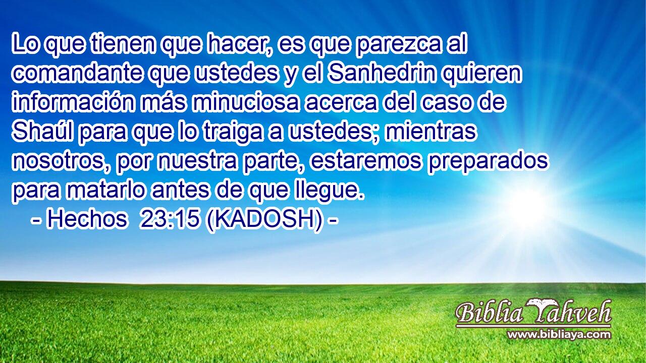  Lo que tienen que hacer, es que parezca al comandante que ustedes y el Sanhedrin quieren información más minuciosa acerca del caso de Shaúl para que lo traiga a ustedes; mientras nosotros, por nuestra parte, estaremos preparados para matarlo antes de que llegue. 