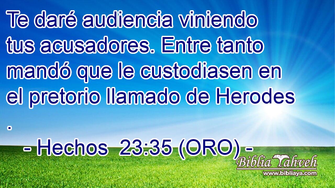  Te daré audiencia viniendo tus acusadores. Entre tanto mandó que le custodiasen en el pretorio llamado de Herodes . 