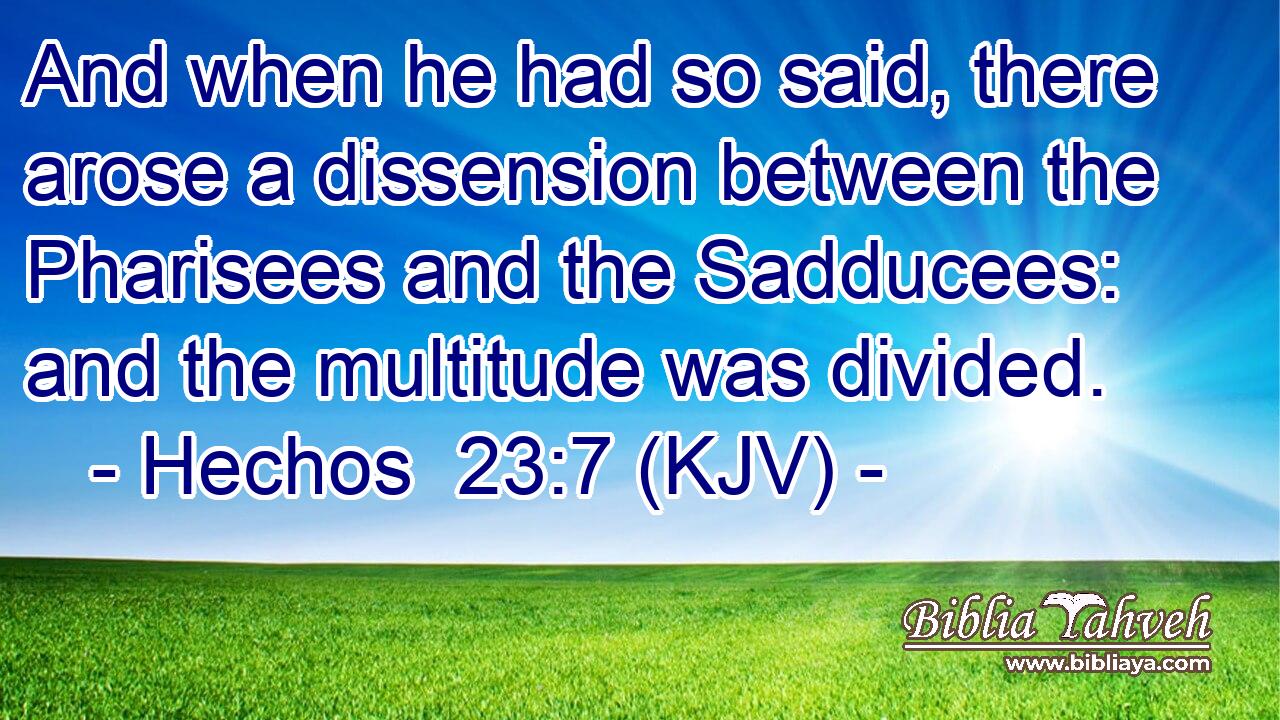 And when he had so said, there arose a dissension between the Pharisees and the Sadducees: and the multitude was divided.