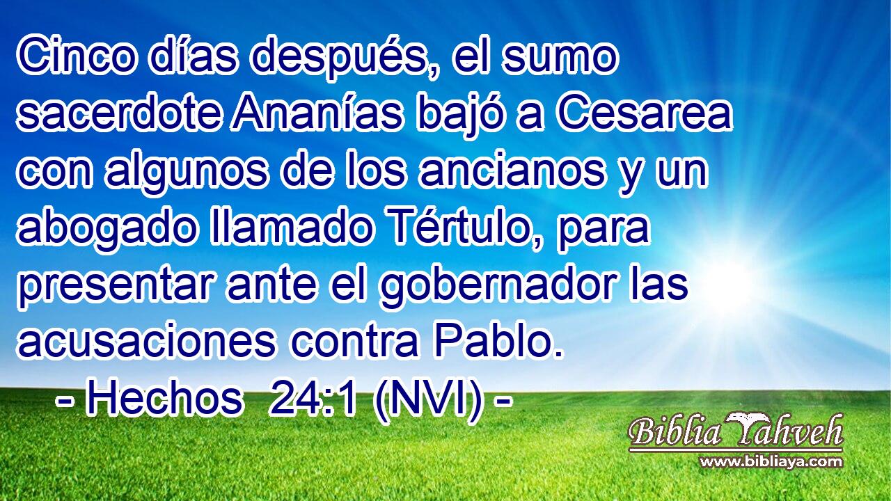  Cinco días después, el sumo sacerdote Ananías bajó a Cesarea con algunos de los ancianos y un abogado llamado Tértulo, para presentar ante el gobernador las acusaciones contra Pablo. 