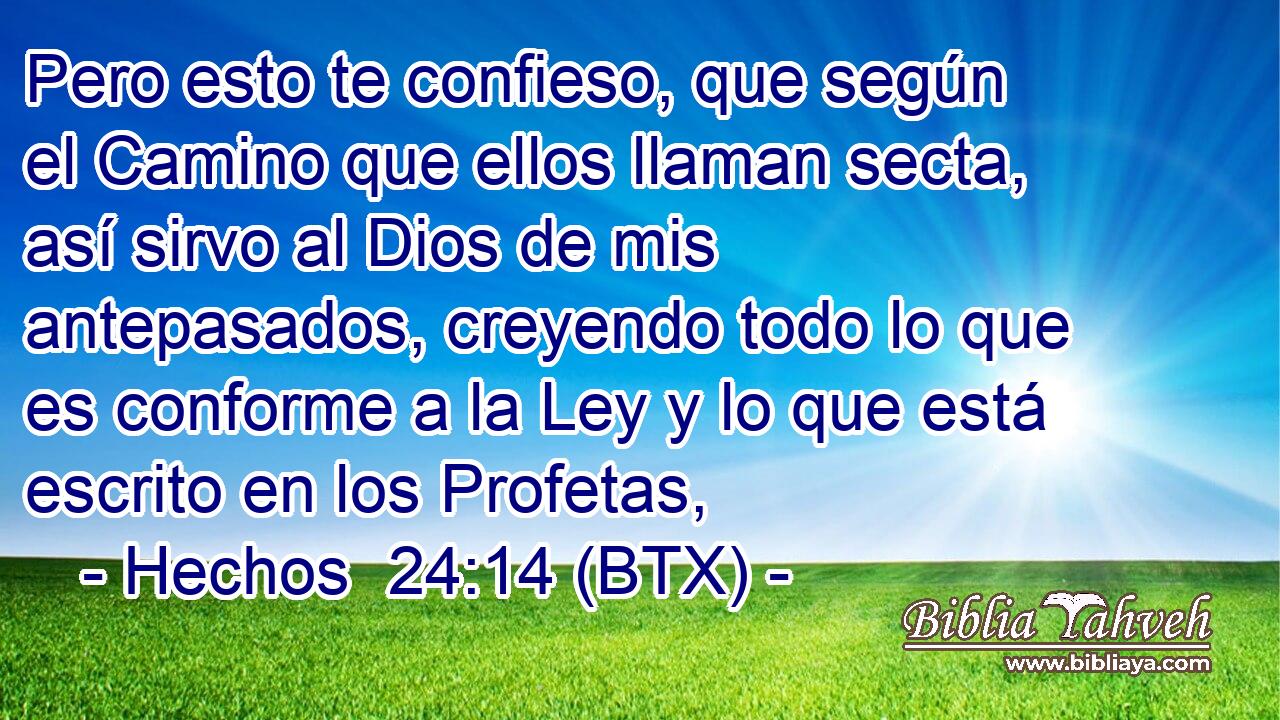 Pero esto te confieso, que según el Camino que ellos llaman secta, así sirvo al Dios de mis antepasados, creyendo todo lo que es conforme a la Ley y lo que está escrito en los Profetas,