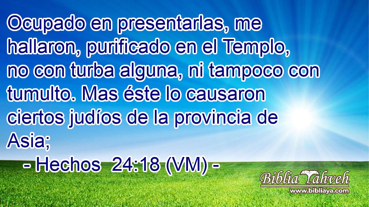  Ocupado en presentarlas, me hallaron, purificado en el Templo, no con turba alguna, ni tampoco con tumulto. Mas éste lo causaron ciertos judíos de la provincia de Asia; 