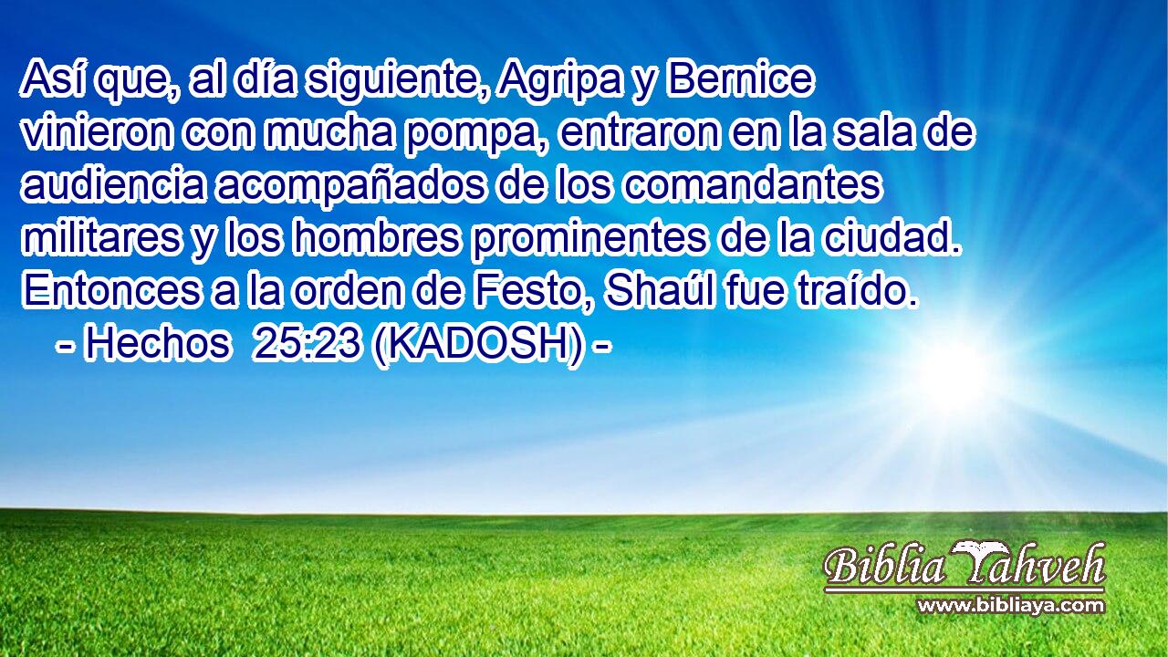  Así que, al día siguiente, Agripa y Bernice vinieron con mucha pompa, entraron en la sala de audiencia acompañados de los comandantes militares y los hombres prominentes de la ciudad. Entonces a la orden de Festo, Shaúl fue traído. 