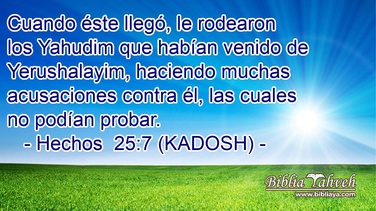 Cuando éste llegó, le rodearon los Yahudim que habían venido de Yerushalayim, haciendo muchas acusaciones contra él, las cuales no podían probar. 