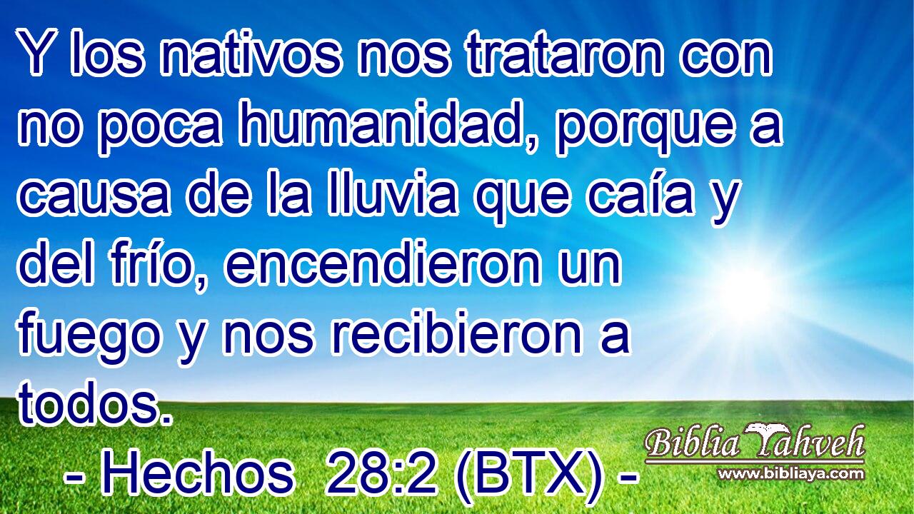 Y los nativos nos trataron con no poca humanidad, porque a causa de la lluvia que caía y del frío, encendieron un fuego y nos recibieron a todos.