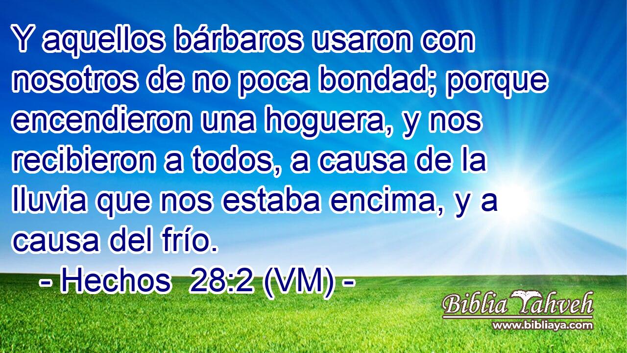 Y aquellos bárbaros usaron con nosotros de no poca bondad; porque encendieron una hoguera, y nos recibieron a todos, a causa de la lluvia que nos estaba encima, y a causa del frío. 