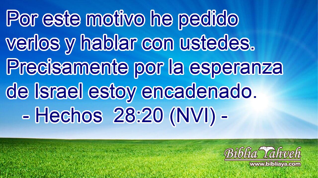  Por este motivo he pedido verlos y hablar con ustedes. Precisamente por la esperanza de Israel estoy encadenado. 