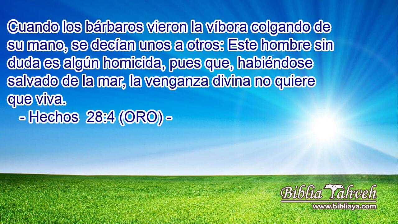  Cuando los bárbaros vieron la víbora colgando de su mano, se decían unos a otros: Este hombre sin duda es algún homicida, pues que, habiéndose salvado de la mar, la venganza divina no quiere que viva. 