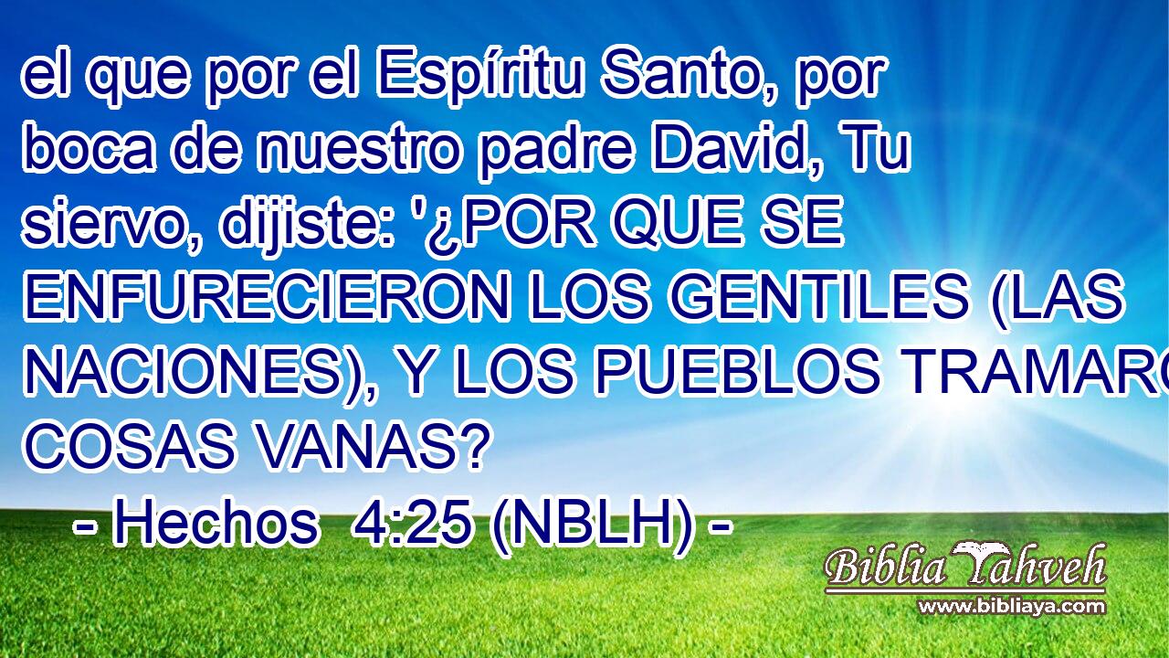  el que por el Espíritu Santo, por boca de nuestro padre David, Tu siervo, dijiste: '¿POR QUE SE ENFURECIERON LOS GENTILES (LAS NACIONES), Y LOS PUEBLOS TRAMARON COSAS VANAS? 