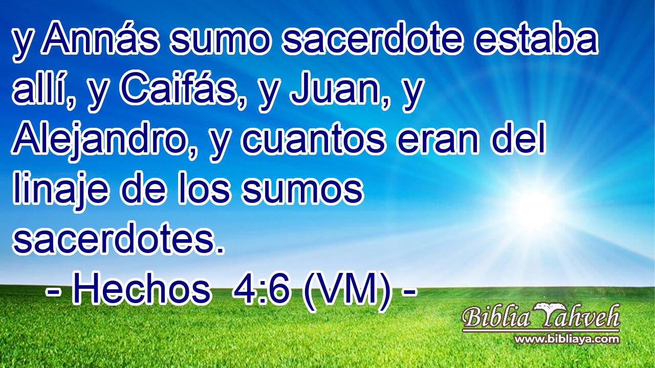  y Annás sumo sacerdote estaba allí, y Caifás, y Juan, y Alejandro, y cuantos eran del linaje de los sumos sacerdotes. 