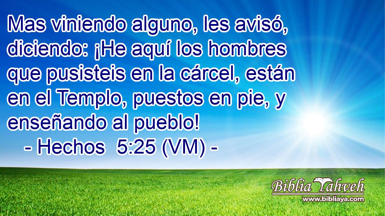  Mas viniendo alguno, les avisó, diciendo: ¡He aquí los hombres que pusisteis en la cárcel, están en el Templo, puestos en pie, y enseñando al pueblo! 