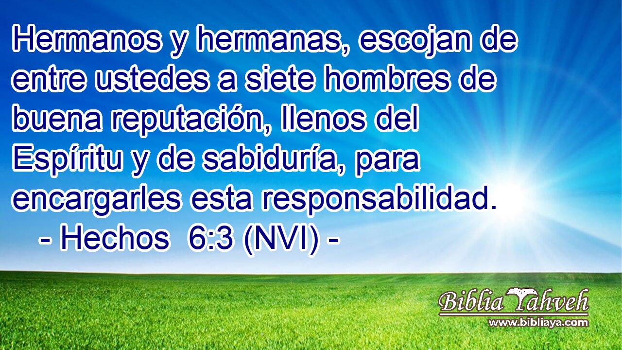  Hermanos y hermanas, escojan de entre ustedes a siete hombres de buena reputación, llenos del Espíritu y de sabiduría, para encargarles esta responsabilidad. 