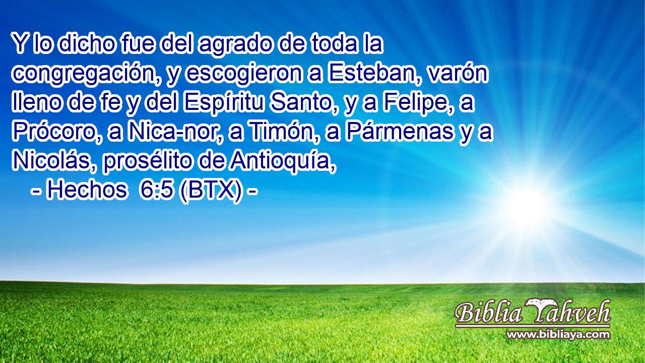 Y lo dicho fue del agrado de toda la congregación, y escogieron a Esteban, varón lleno de fe y del Espíritu Santo, y a Felipe, a Prócoro, a Nica-nor, a Timón, a Pármenas y a Nicolás, prosélito de Antioquía,