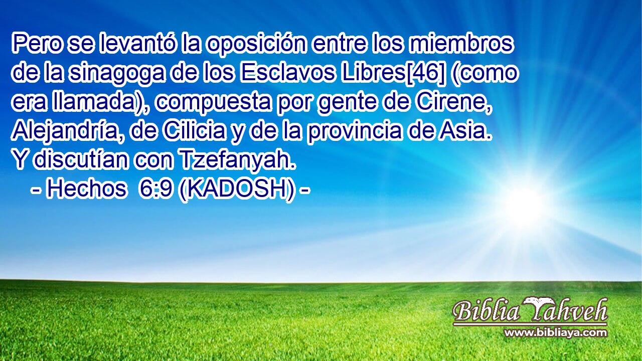  Pero se levantó la oposición entre los miembros de la sinagoga de los Esclavos Libres[46] (como era llamada), compuesta por gente de Cirene, Alejandría, de Cilicia y de la provincia de Asia. Y discutían con Tzefanyah. 