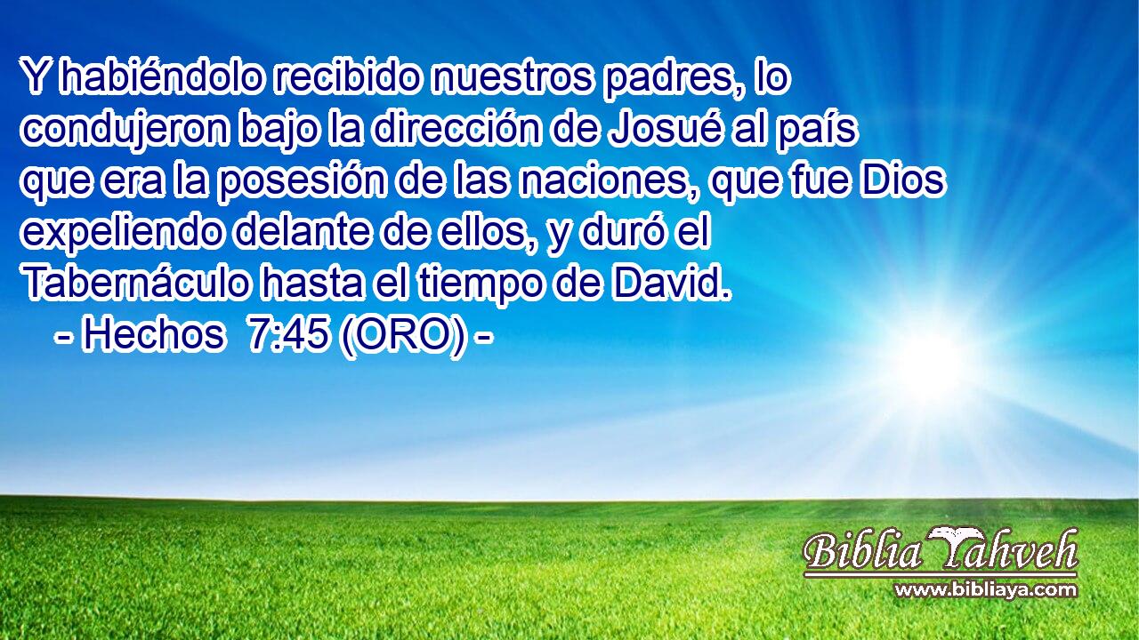  Y habiéndolo recibido nuestros padres, lo condujeron bajo la dirección de Josué al país que era la posesión de las naciones, que fue Dios expeliendo delante de ellos, y duró el Tabernáculo hasta el tiempo de David. 