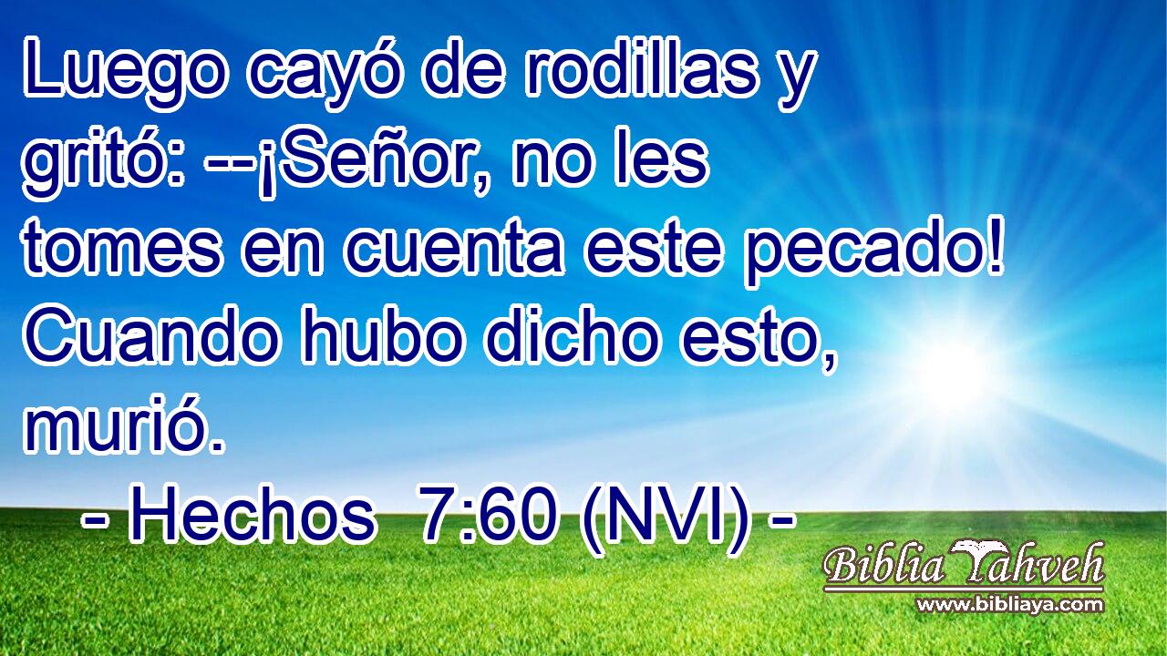  Luego cayó de rodillas y gritó: --¡Señor, no les tomes en cuenta este pecado! Cuando hubo dicho esto, murió. 