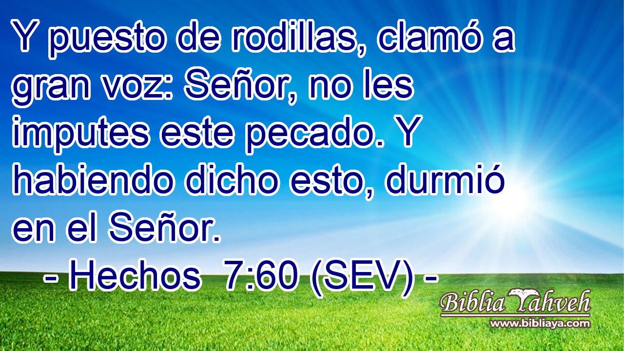 Y puesto de rodillas, clamó a gran voz: Señor, no les imputes este pecado. Y habiendo dicho esto, durmió en el Señor.