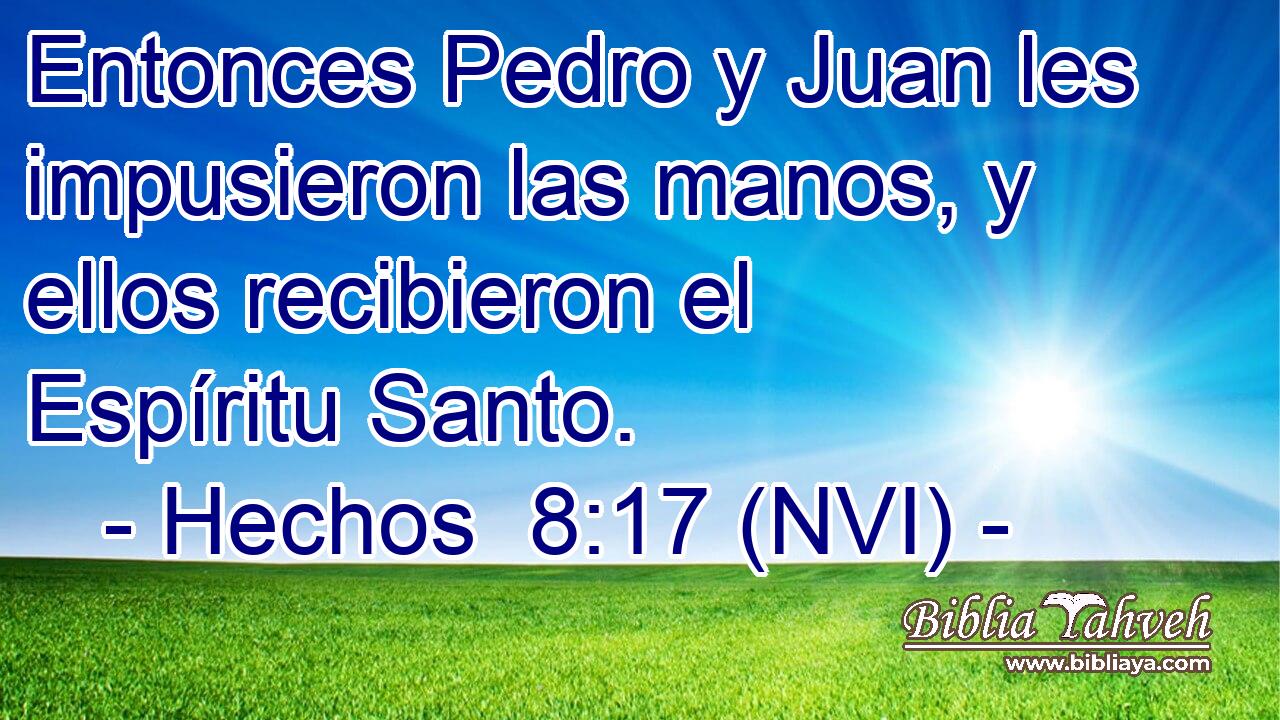  Entonces Pedro y Juan les impusieron las manos, y ellos recibieron el Espíritu Santo. 
