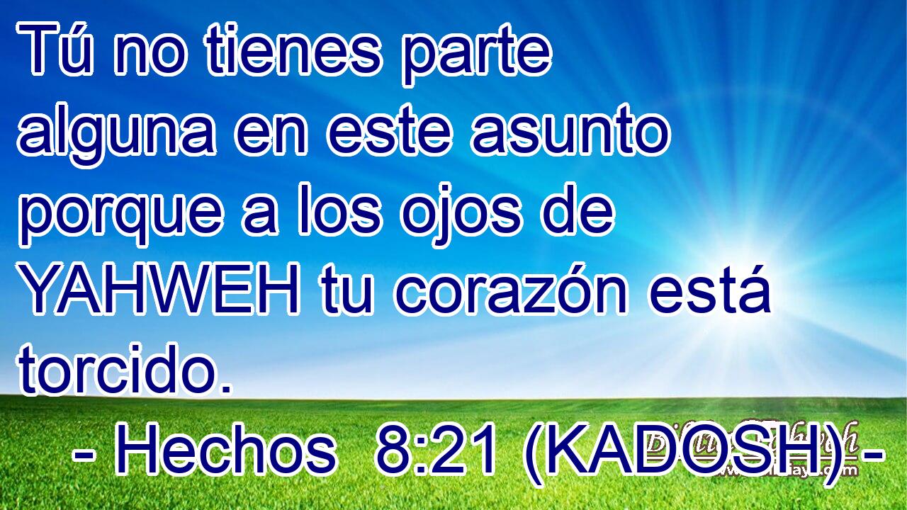  Tú no tienes parte alguna en este asunto porque a los ojos de YAHWEH tu corazón está torcido. 