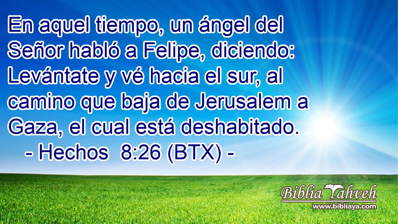En aquel tiempo, un ángel del Señor habló a Felipe, diciendo: Levántate y vé hacia el sur, al camino que baja de Jerusalem a Gaza, el cual está deshabitado.