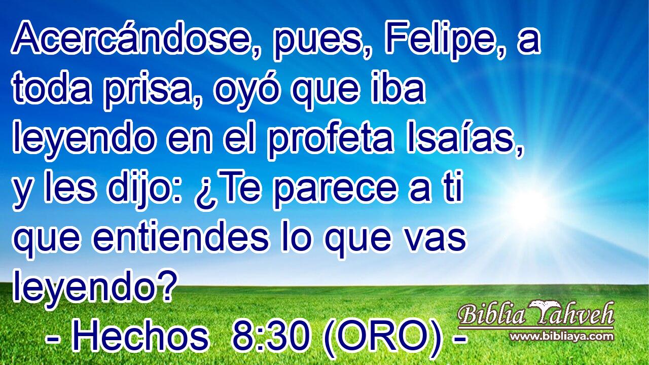  Acercándose, pues, Felipe, a toda prisa, oyó que iba leyendo en el profeta Isaías, y les dijo: ¿Te parece a ti que entiendes lo que vas leyendo? 