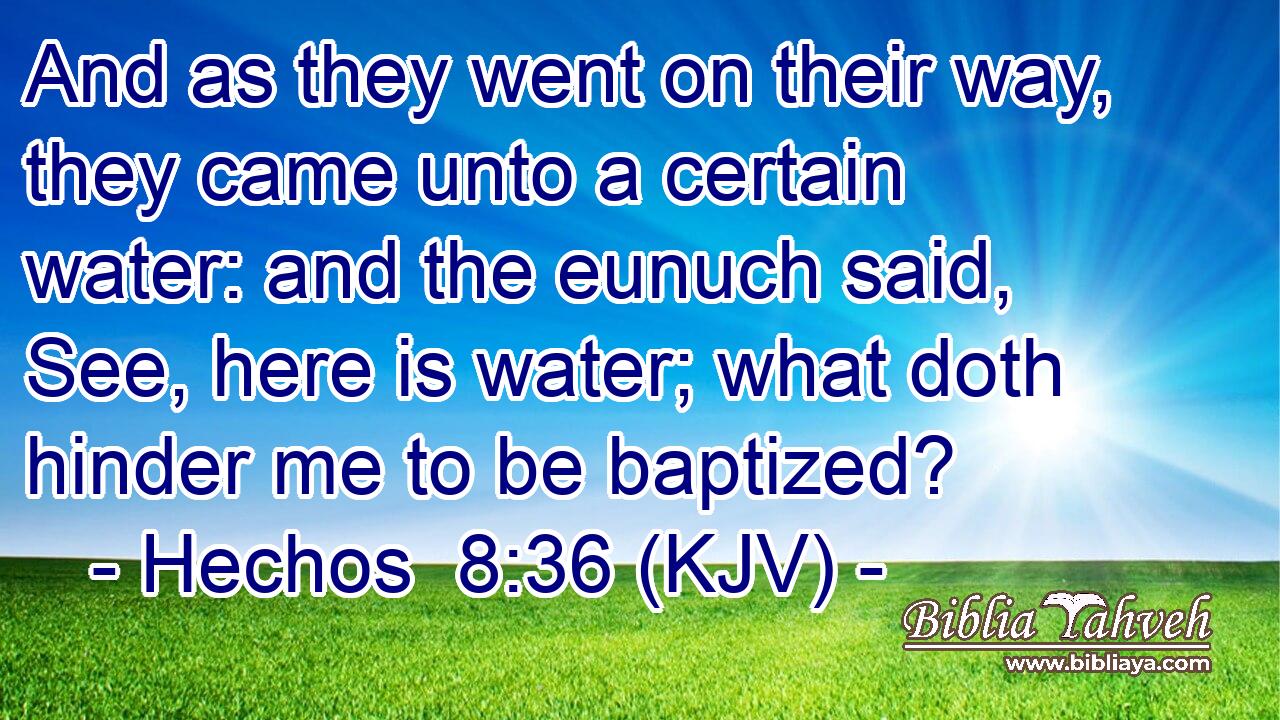And as they went on their way, they came unto a certain water: and the eunuch said, See, here is water; what doth hinder me to be baptized?