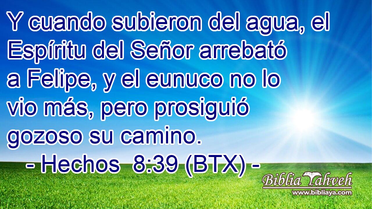 Y cuando subieron del agua, el Espíritu del Señor arrebató a Felipe, y el eunuco no lo vio más, pero prosiguió gozoso su camino.