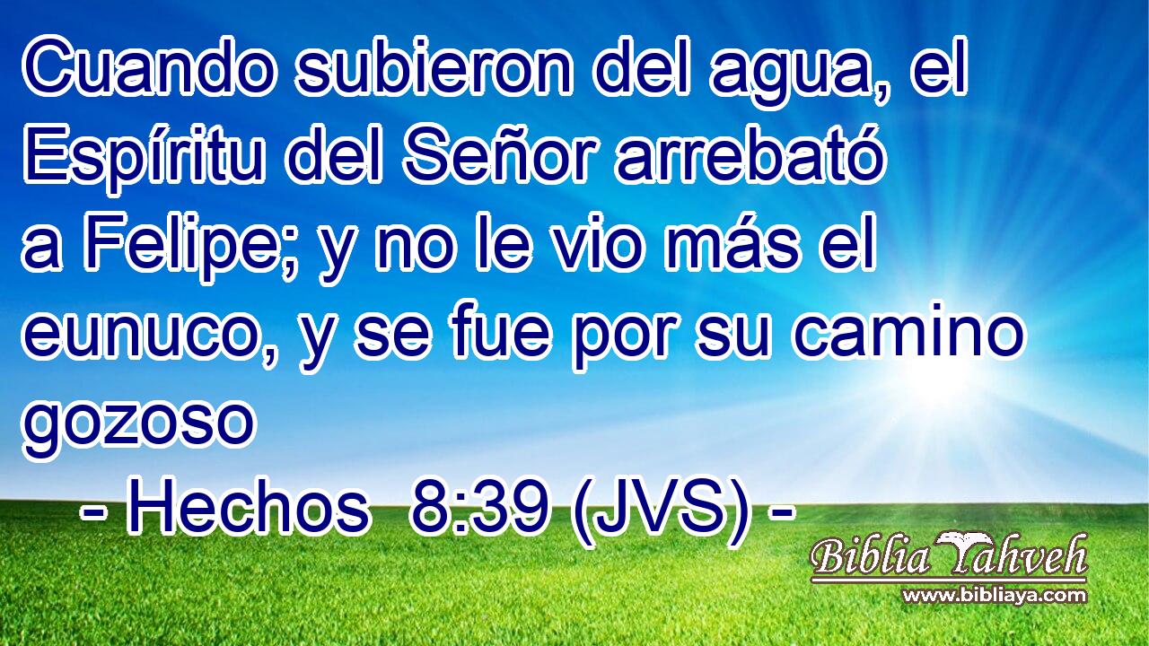 Cuando subieron del agua, el Espíritu del Señor arrebató a Felipe; y no le vio más el eunuco, y se fue por su camino gozoso