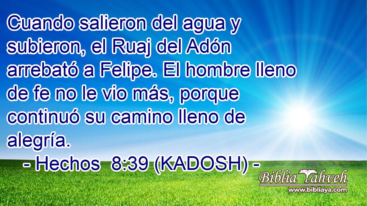  Cuando salieron del agua y subieron, el Ruaj del Adón arrebató a Felipe. El hombre lleno de fe no le vio más, porque continuó su camino lleno de alegría. 