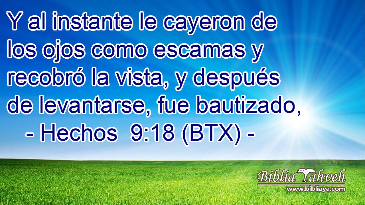 Y al instante le cayeron de los ojos como escamas y recobró la vista, y después de levantarse, fue bautizado,