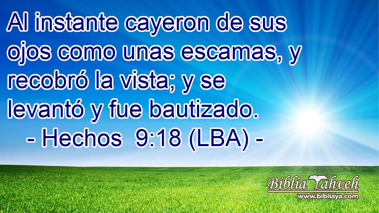 Al instante cayeron de sus ojos como unas escamas, y recobró la vista; y se levantó y fue bautizado.