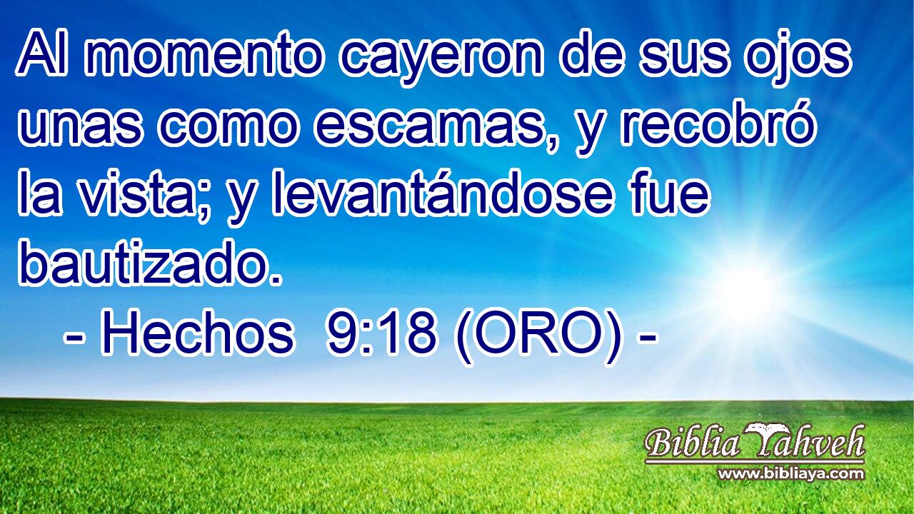  Al momento cayeron de sus ojos unas como escamas, y recobró la vista; y levantándose fue bautizado. 