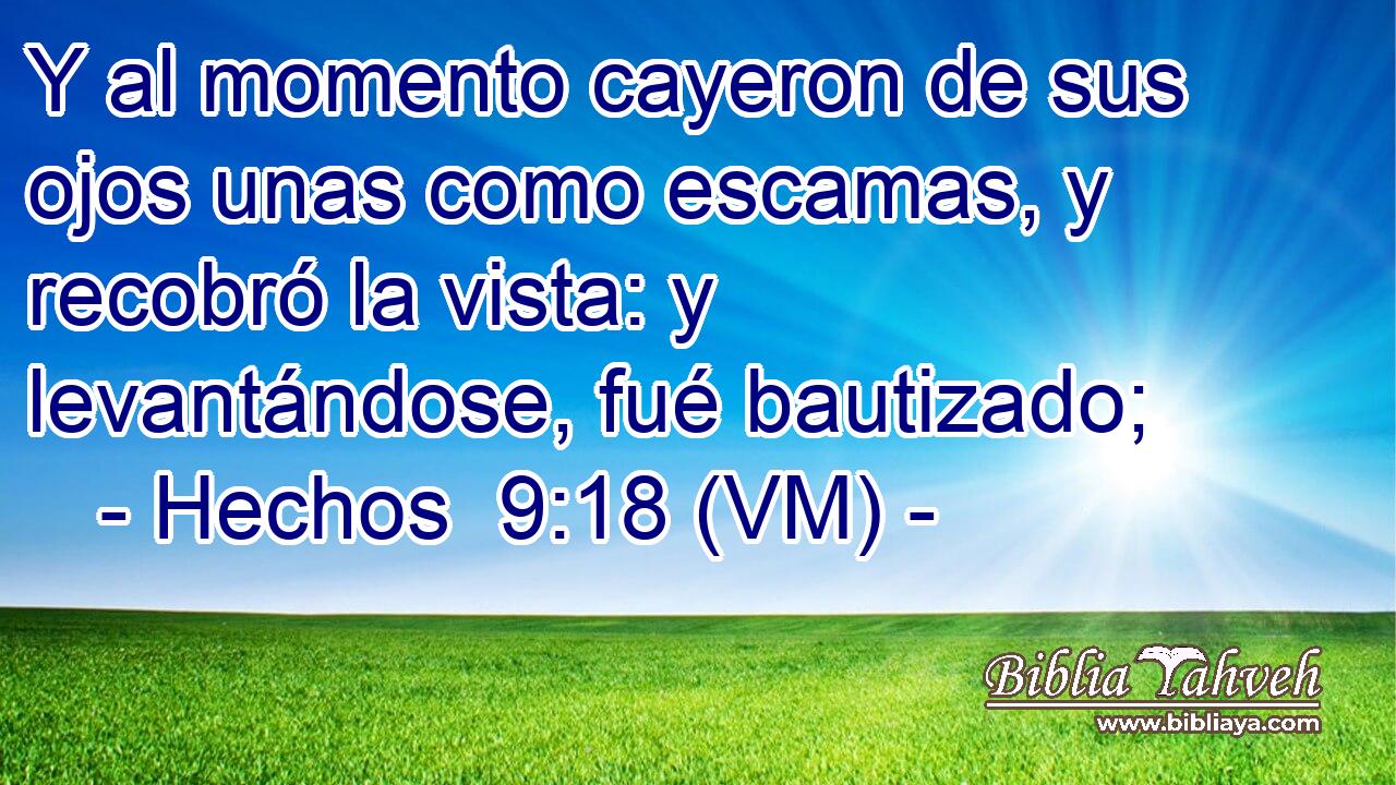  Y al momento cayeron de sus ojos unas como escamas, y recobró la vista: y levantándose, fué bautizado; 